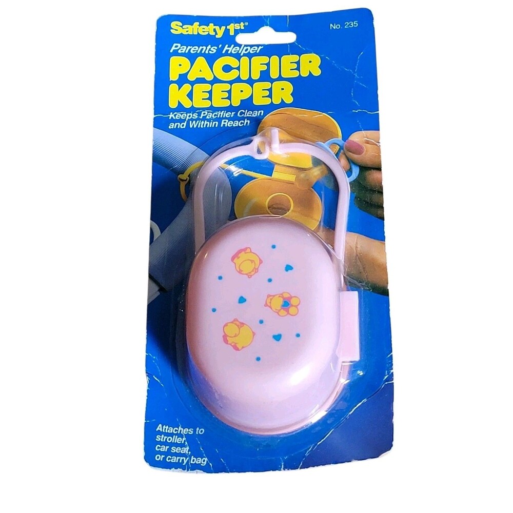NIB 1991 Safety 1st Pink Pacifier Holder Yellow Hippos Plastic
